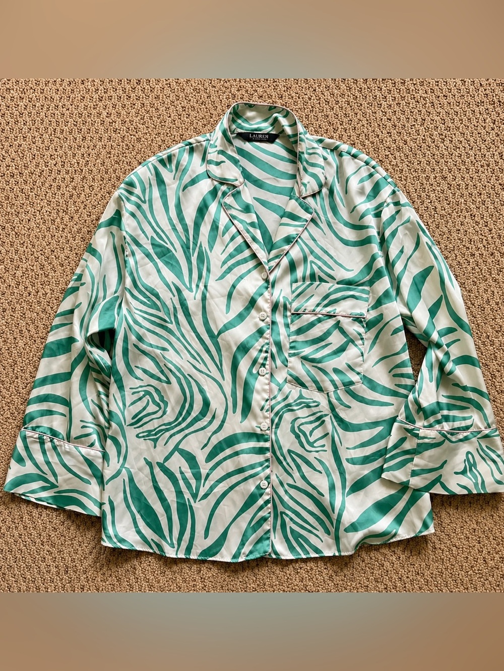 Zara Green and Cream Striped Pajama Style Shirt
